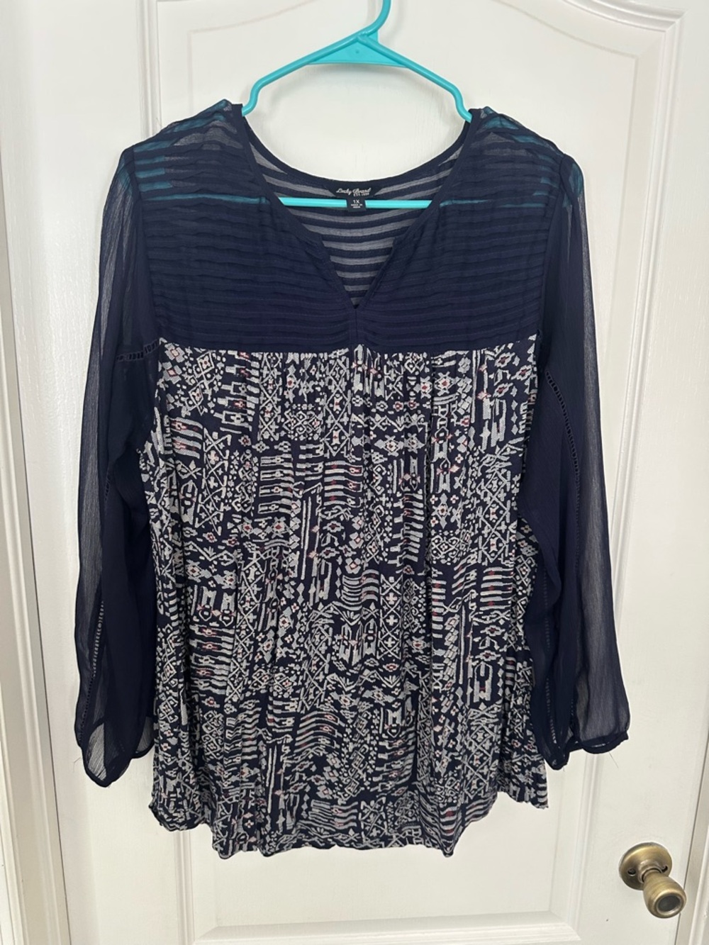 Lucky Brand 1X Boho Ikat Peasant tunic Sheer Long Sleeve Navy Blue